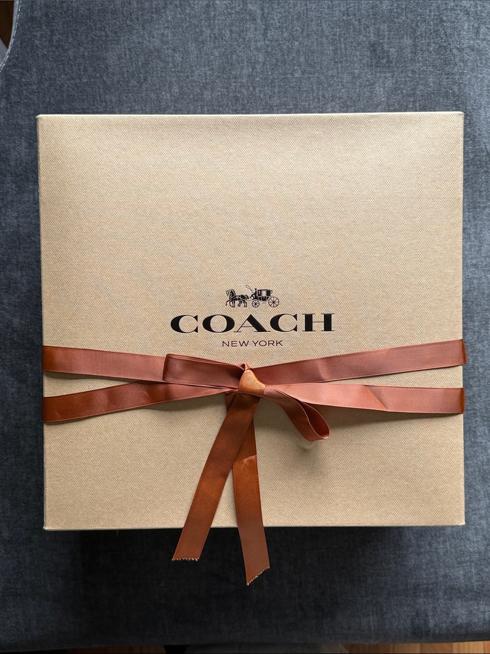 Coach Tan Gift Box with Black Logo and ribbon